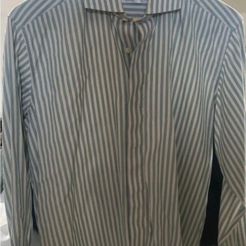 Valentino Light Blue and White Vertical Stripe Dress Shirt